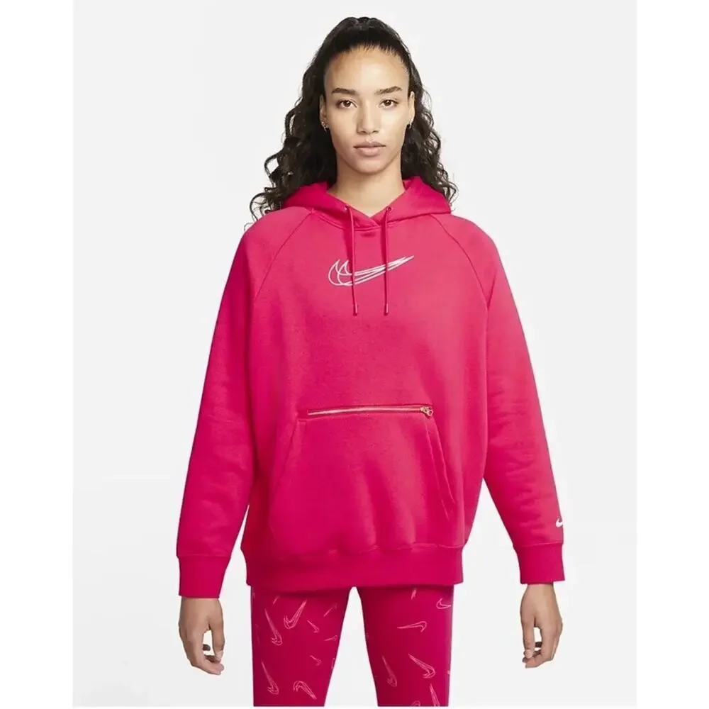 Women's NIke Metallic Oversized Fleece Hoodie XS Bery Red Zipper Pocket Pullover